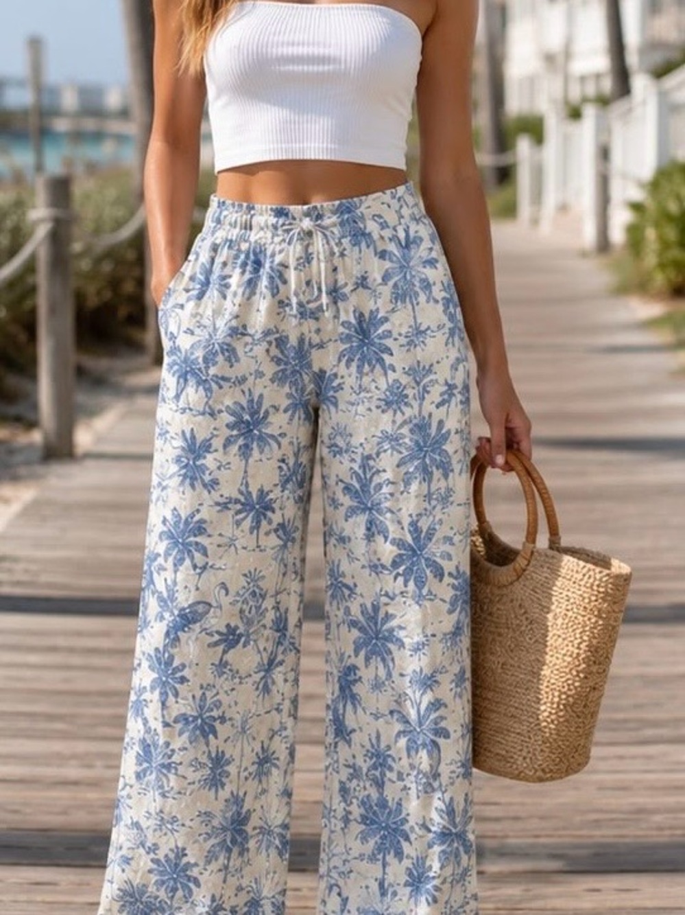 Women's Blue Floral Wide-Leg Linen Pants